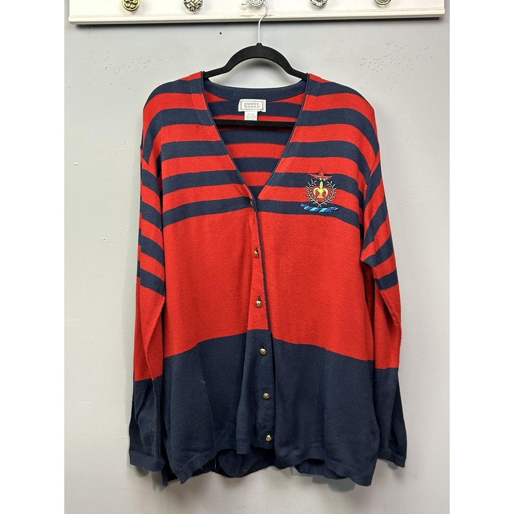 Jennifer Moore Cardigan Sweater‎ Womens XL Red Striped V Neck Button Embroidered